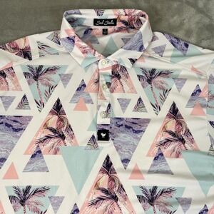 Bad Birdie Polo Shirt Mens Large Multicolor Palm Tree Geometric Golf Performance